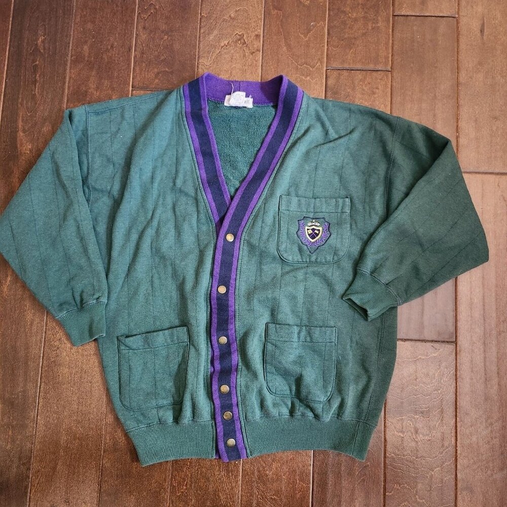Vintage GAP Sport Green/Purple Academy Cardigan USA School Buttons - Size Small